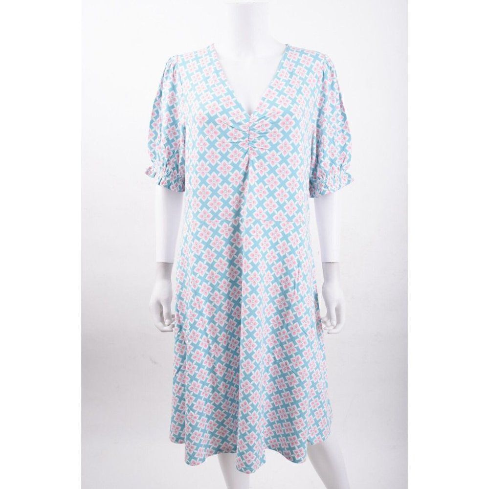 Boden Womens Jersey Dress V-Neck UK 16L US 12L Blue White Geometric D0136 NWT